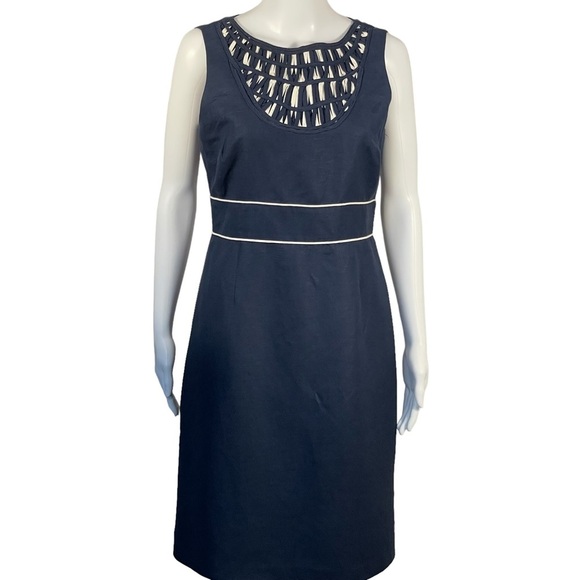 Alex Marie Navy Blue White Linen Blend Sleeveless Sheath Dress Sz 8 - Picture 1 of 12